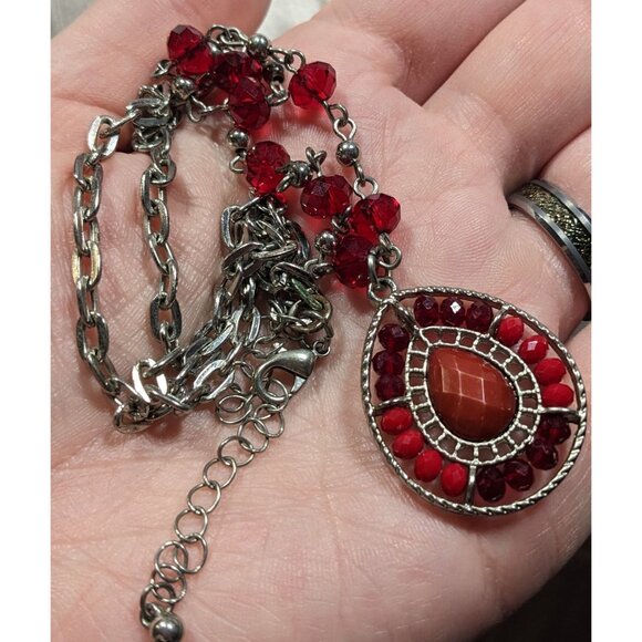 Bohemian Teardrop Necklace Red And Silver Tone - Picture 3 of 5